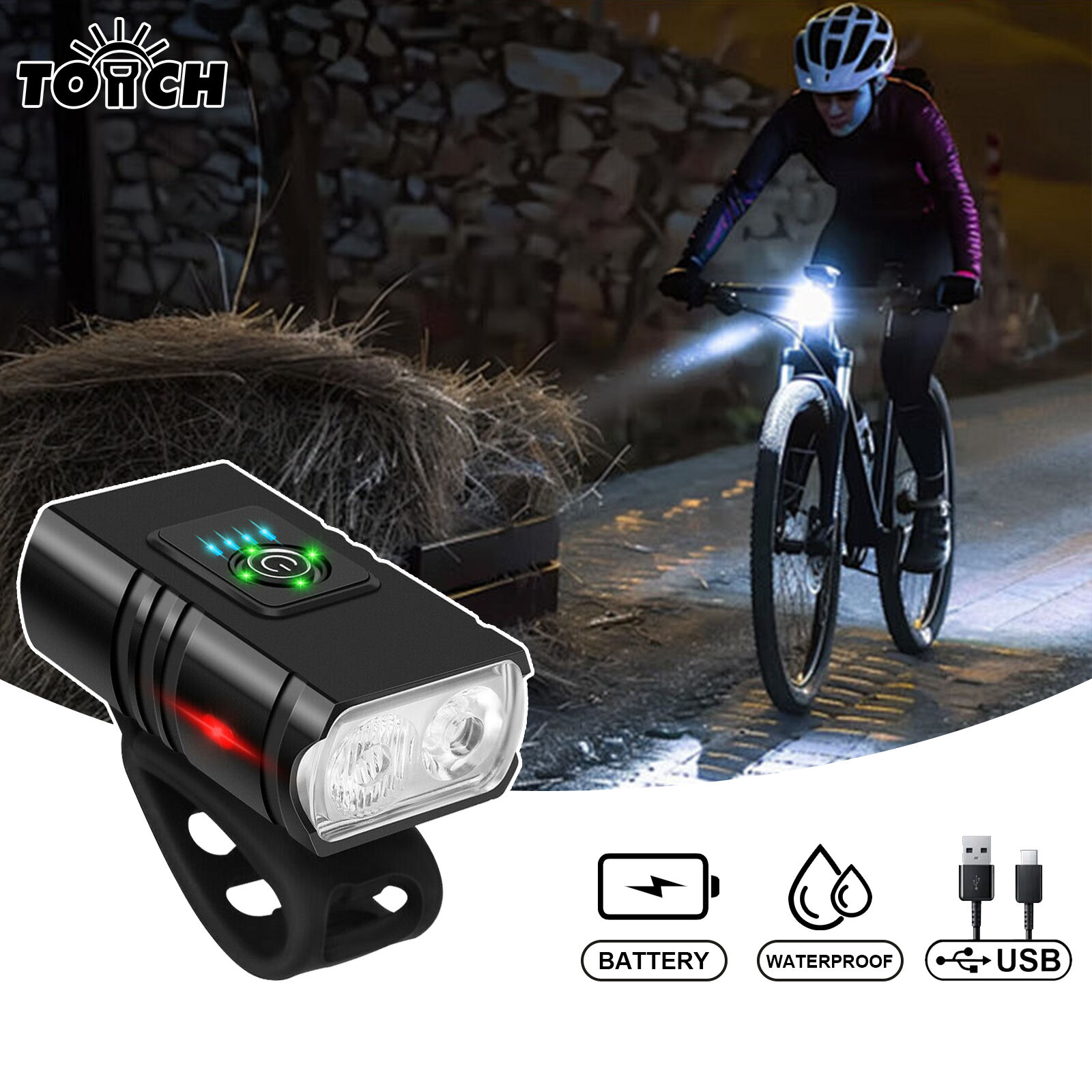 Luz de Bicicleta Recarregável por USB com Múltiplos Modos, Alto Lúmen e Luz Lateral de Aviso