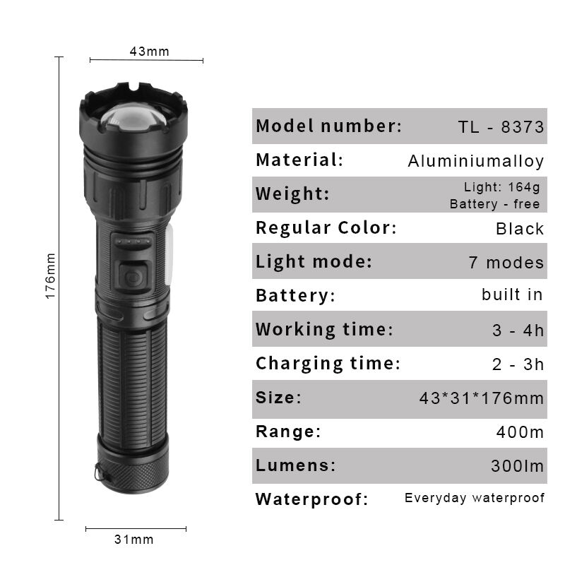 Zoomable Rechargeable LED Flashlight with Power Display and Power Bank Function