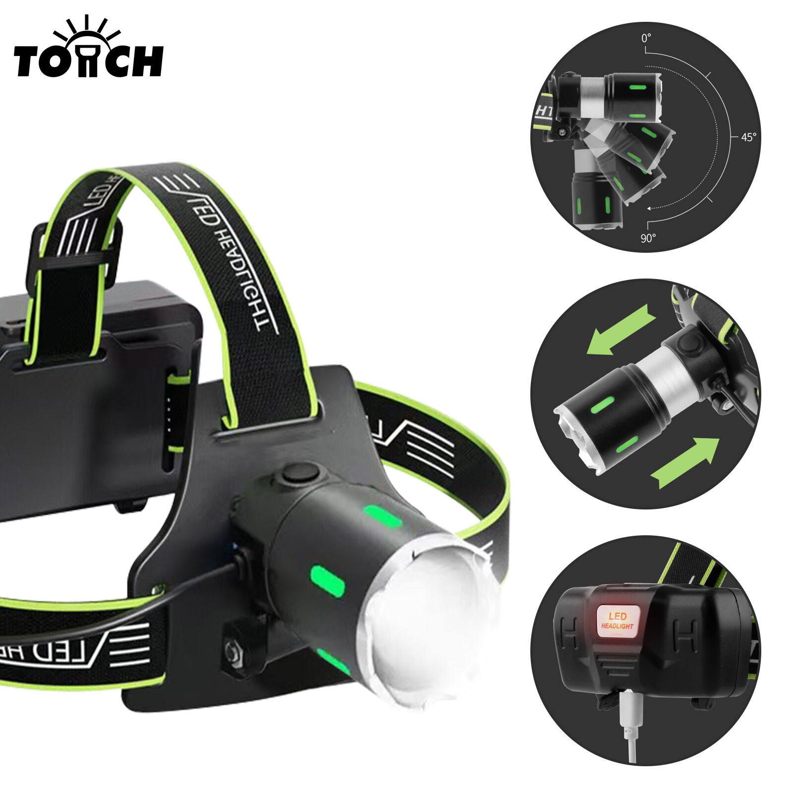 Farol de Cabeça com Laser Branco em Faixa de Fósforo, Ajustável por Zoom, com Duplo Laser de Alta Potência, 2×18650, Tipo-C, para Caça e Acampamento