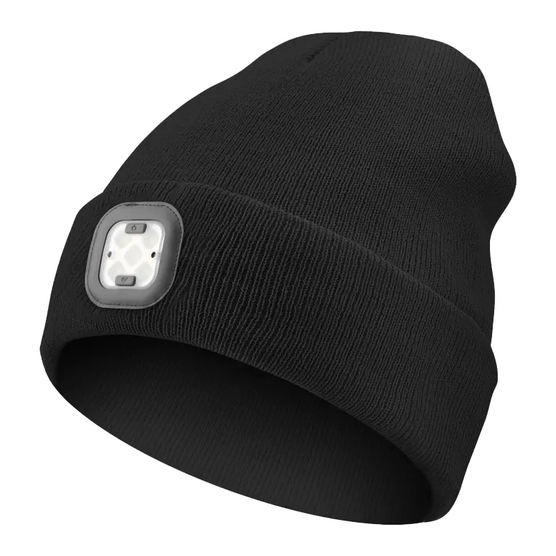 100% Acrilico a maglia cappello con cappello con luce a led all' interno Nero colore cappello con cappello a LED con luce