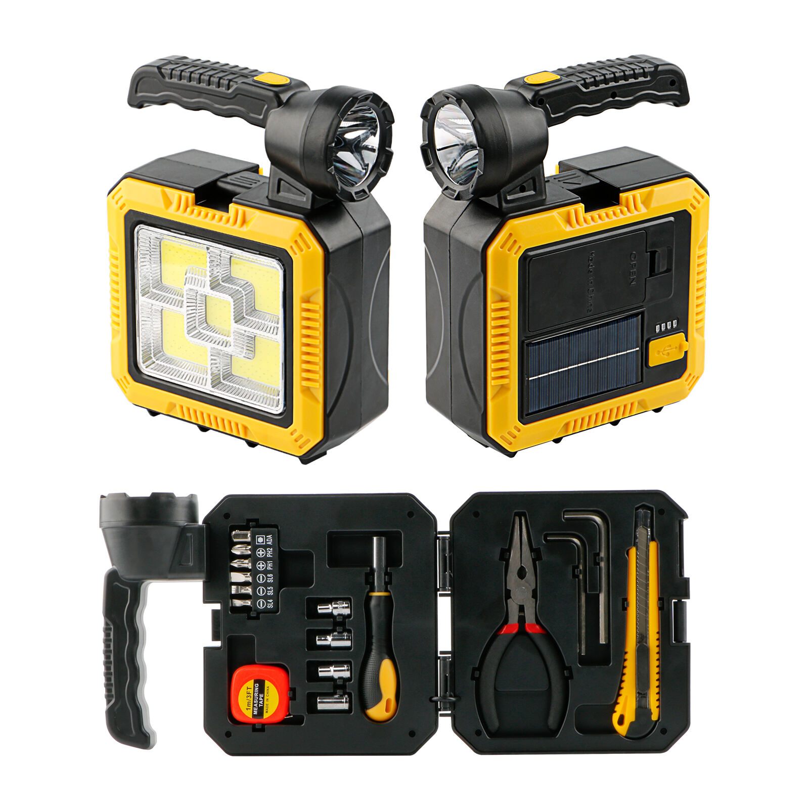 Aurinkoenergialla toimiva kannettava valopiste, jossa on sisään rakennettu työkalupaketti, ulko-LED, korkea teho, uudistettava hätävalo