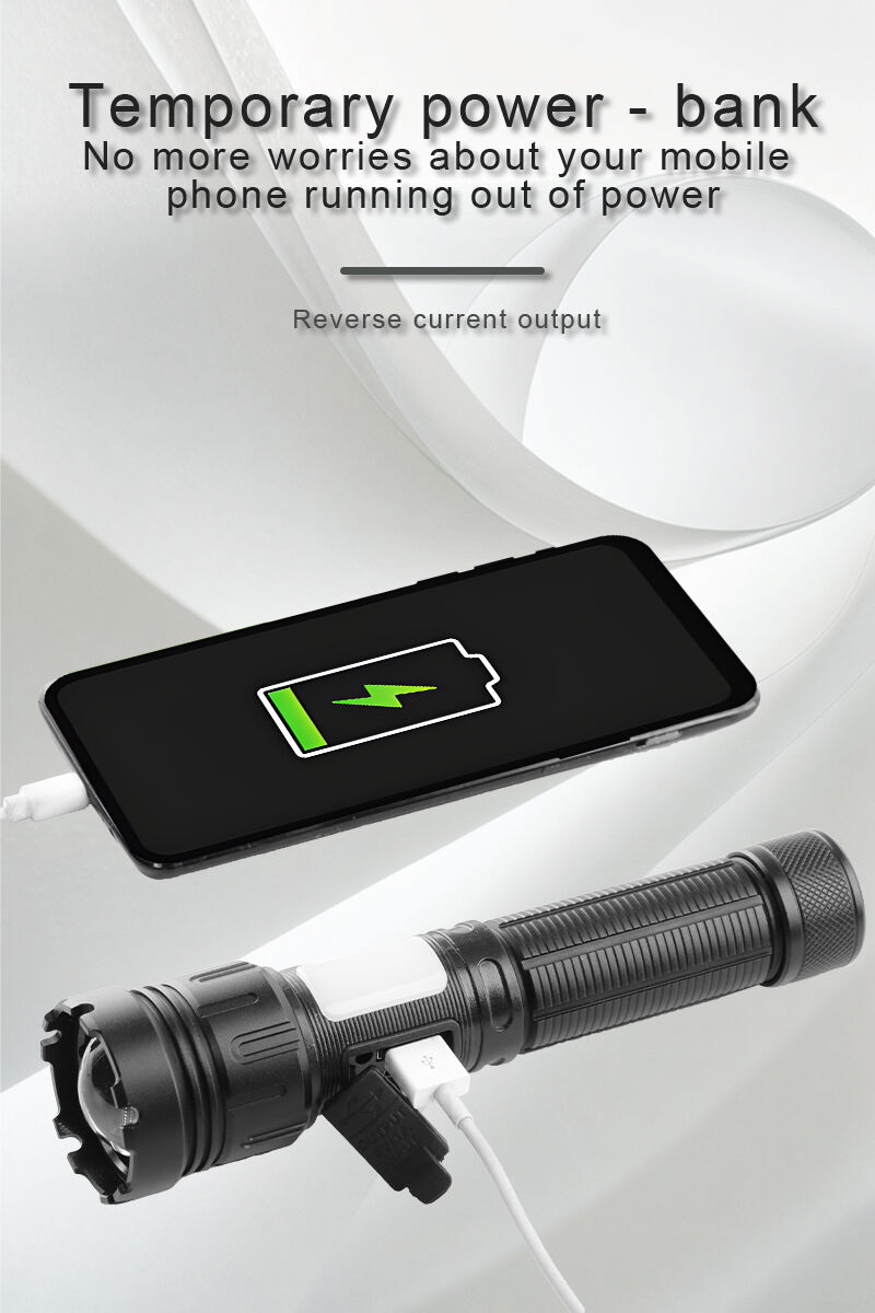 zoomable rechargeable led flashlight with power display and power bank function-11