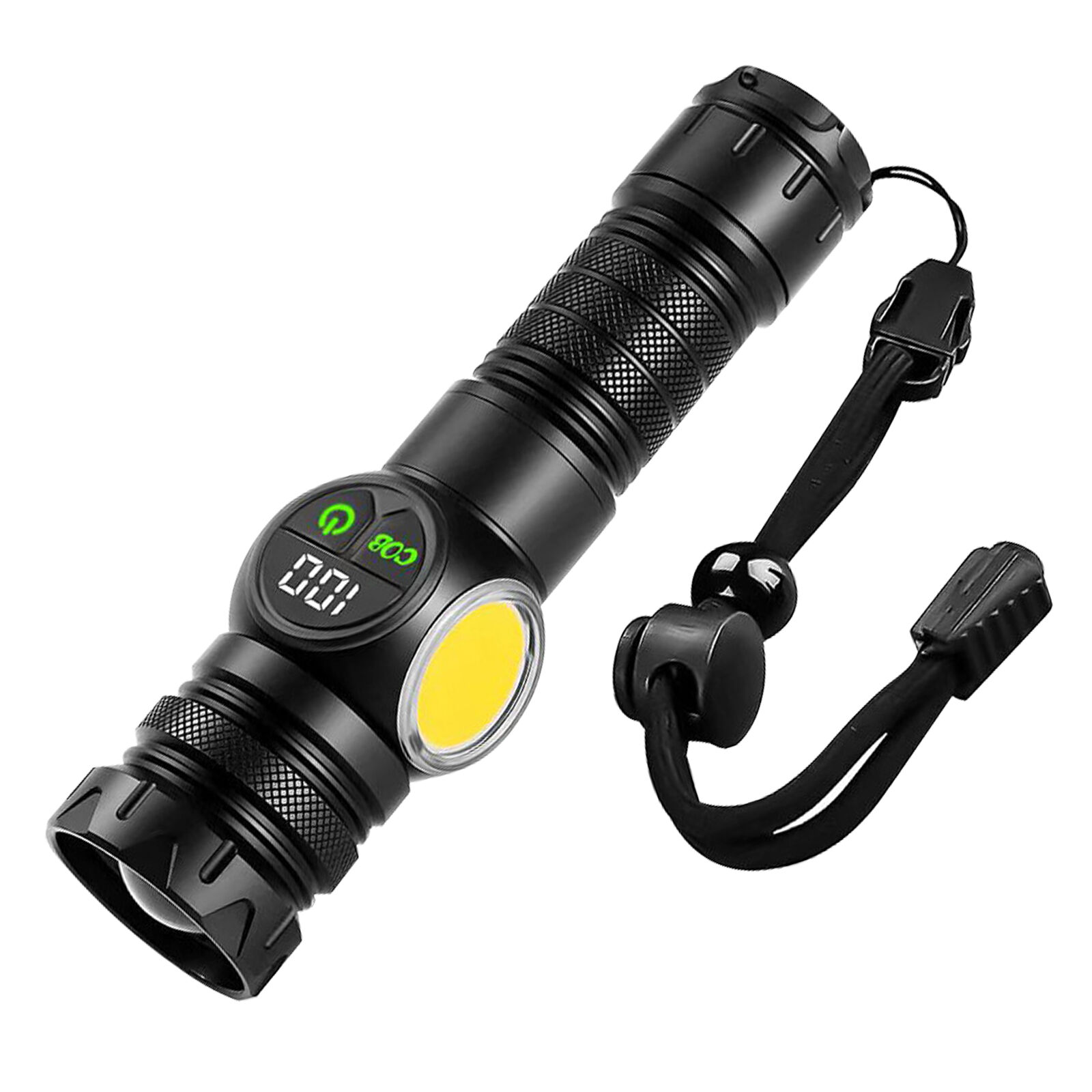 Senter LED Isi Ulang dengan Kemampuan Zoom, Magnet, Dua Saklar, dan Fungsi Bank Daya