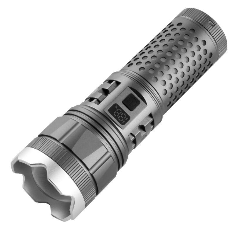 مصباح يدوي قابل لإعادة الشحن عالي القوة مع إمكانية التكبير والتقريب وشاشة رقمية لعرض حالة البطارية