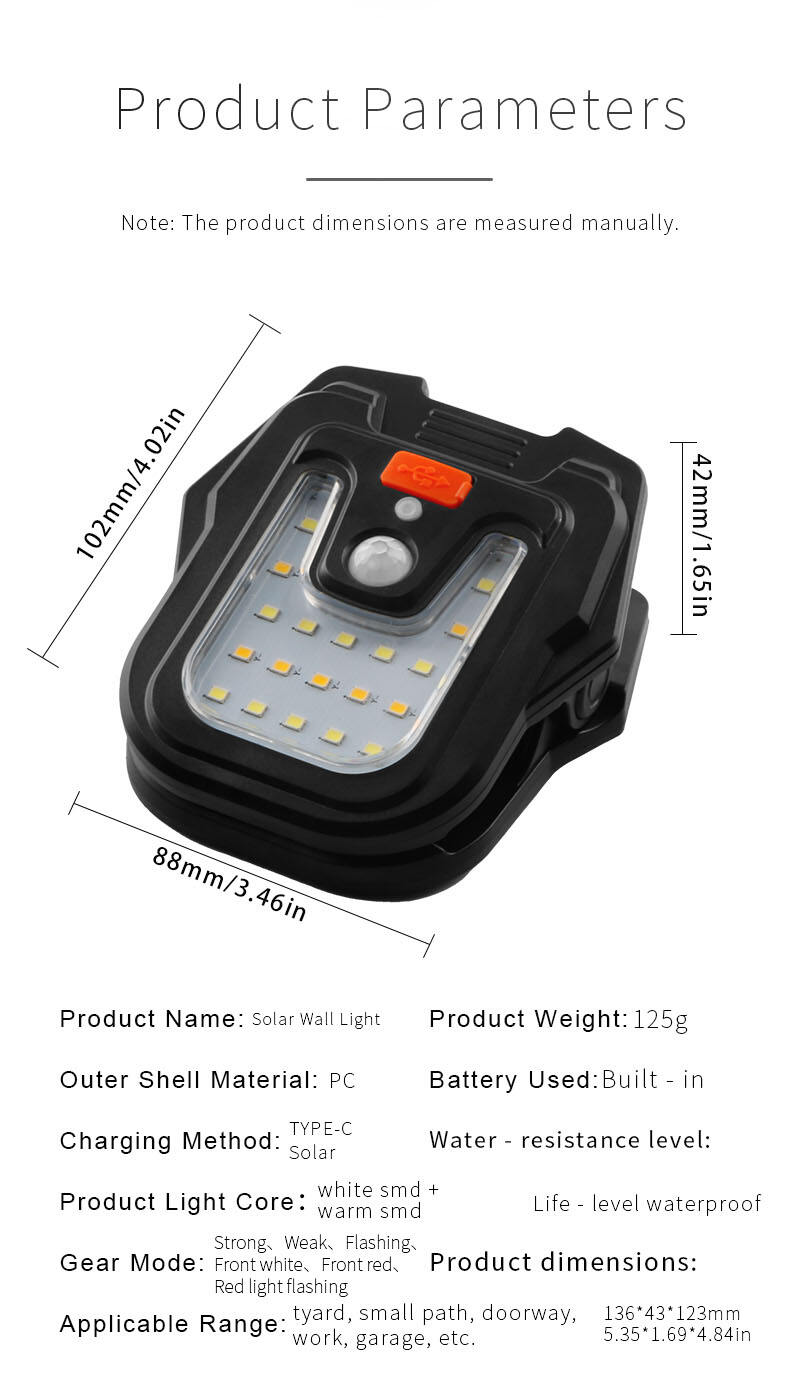 solar rechargeable led light with pir motion sensor  clip usb type c-19
