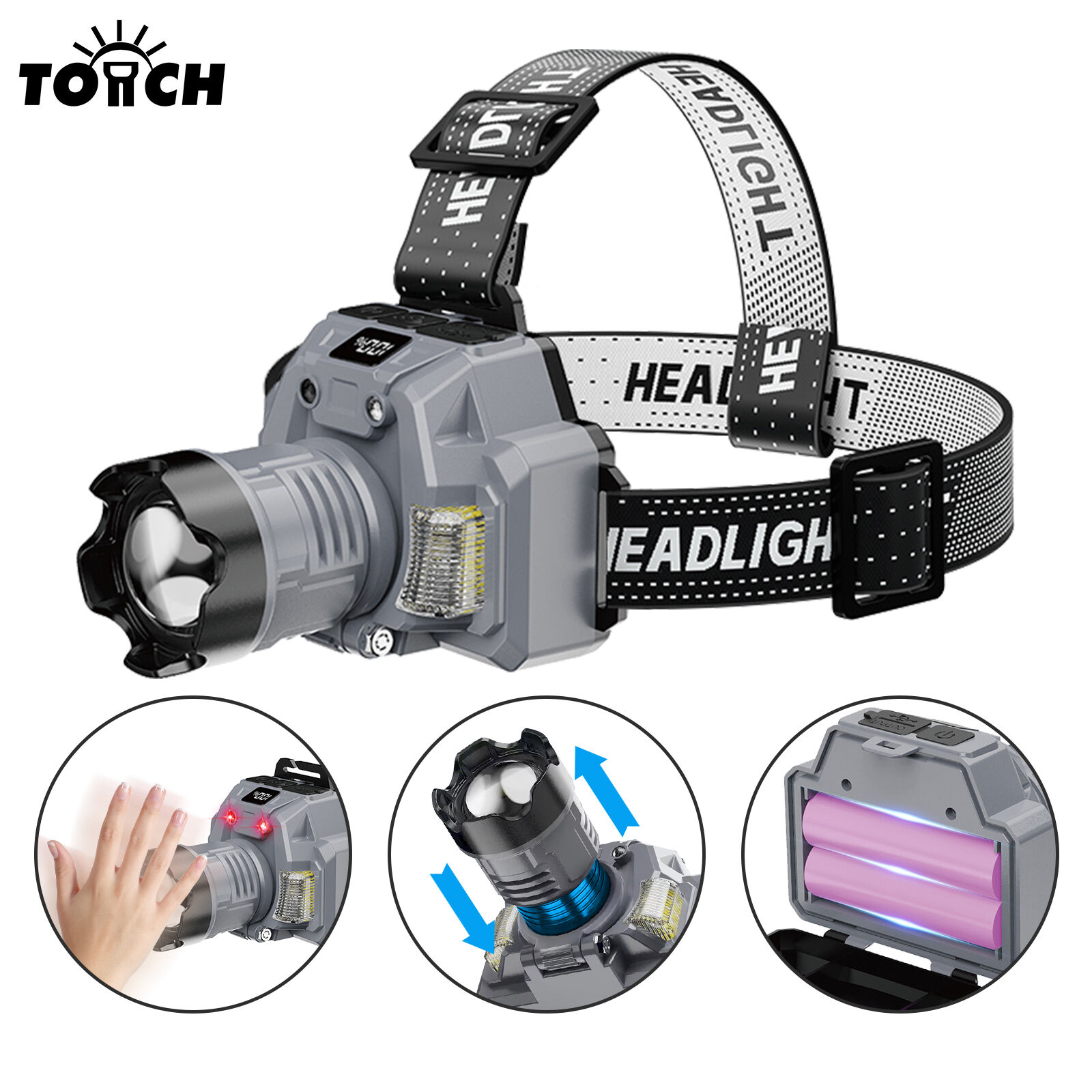 Lanterna de Cabeça Recarregável Potente com Indicador Digital de Bateria, Luz LED com Zoom e Ângulo Ajustável de 120° para Acampamento e Caça