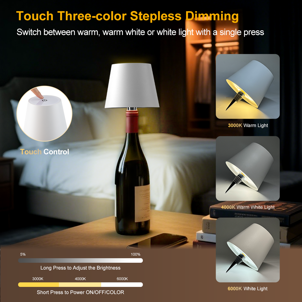 USB rechargeable Bottle lamp touch 3 color dimming light for multi scene compatible manufacture