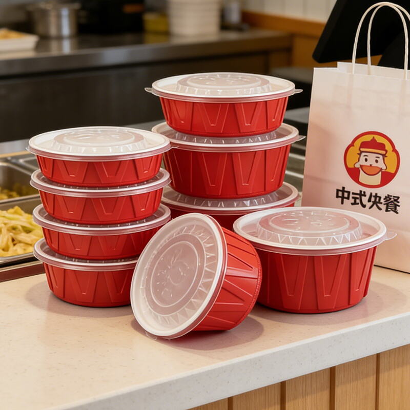 Red Round Plastic Bowl with Lid Diamond Pattern Food Container Takeaway Packaging