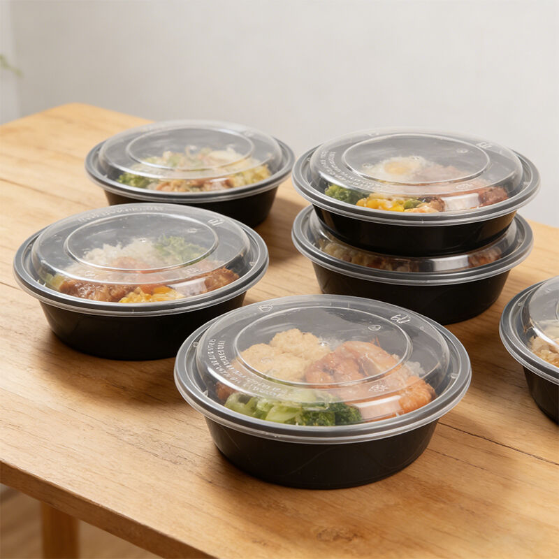 Black Round Disposable Plastic Food Containers with Lids, Thick-Walled Takeout Lunch Bowls for Restaurant & Catering