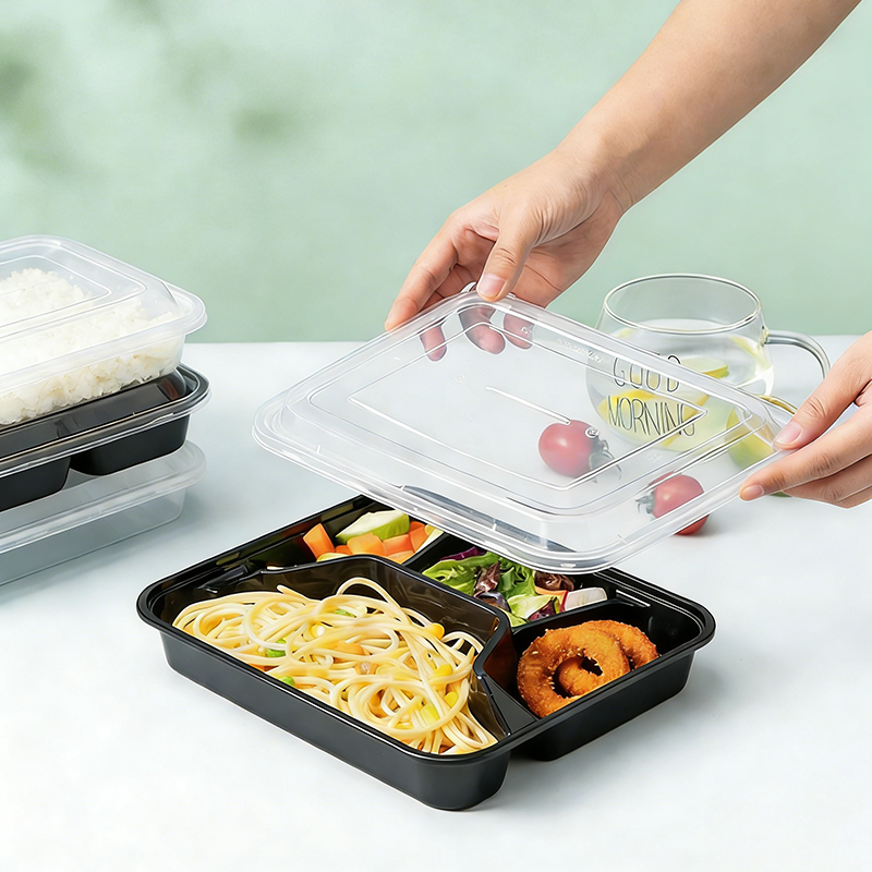 4-Compartment Black Plastic Takeaway Container - 150PCS/CTN Leakproof Microwave-Safe Bento Box