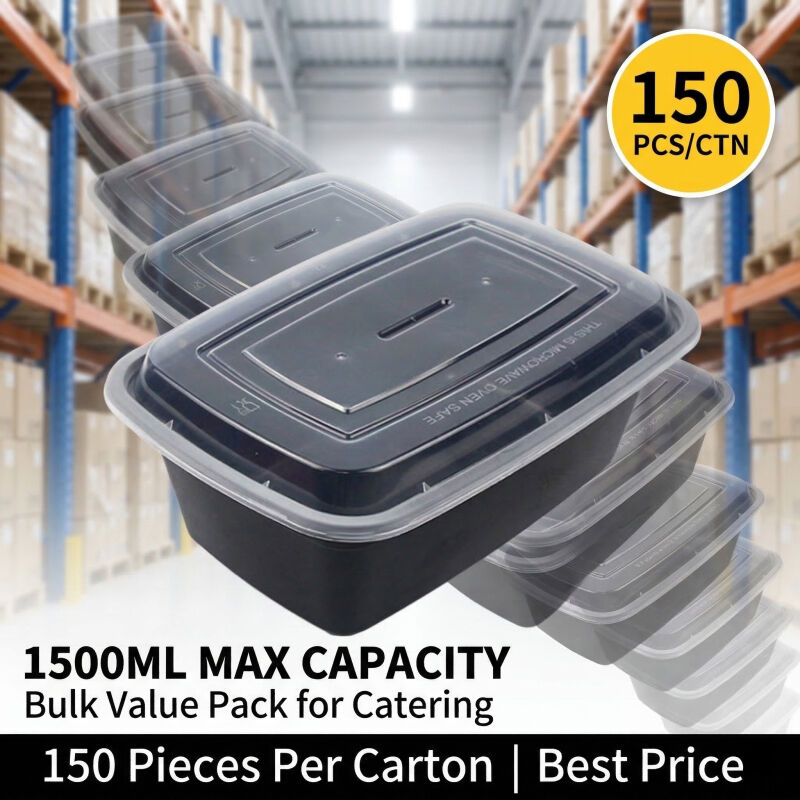 Microwavable Black Rectangle Meal Prep Food Container Round Compartment Lunch Bowl With Lid For Takeout