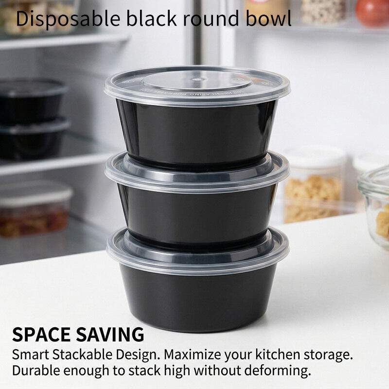 Bol redondo desechable de polipropileno negro con tapa transparente, apto para microondas, recipiente para comida para llevar