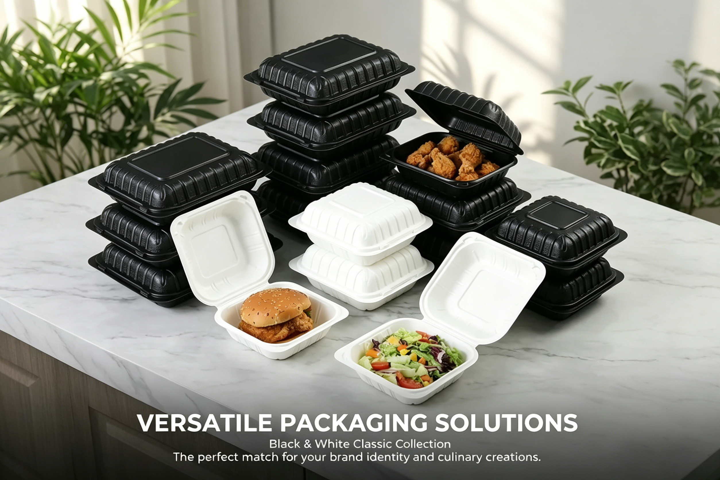 Contenedores de comida tipo abatible MFPP: soluciones seguras para alimentos, apilables y con múltiples compartimentos para pedidos para llevar.