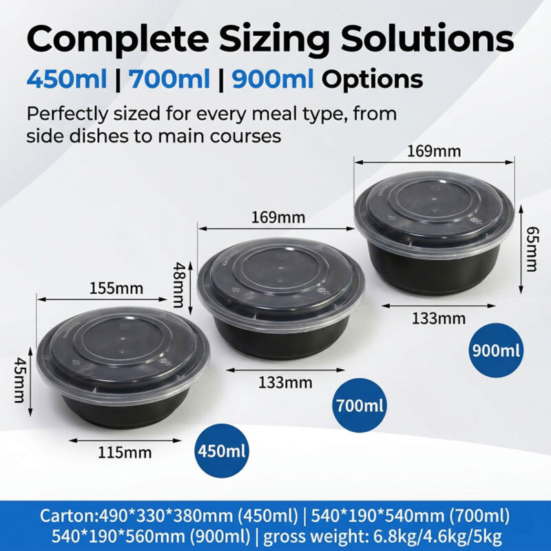 Disposable Black Plastic PP Take Away Food Containers Round Bowl Lunch Box With Airtight Lid