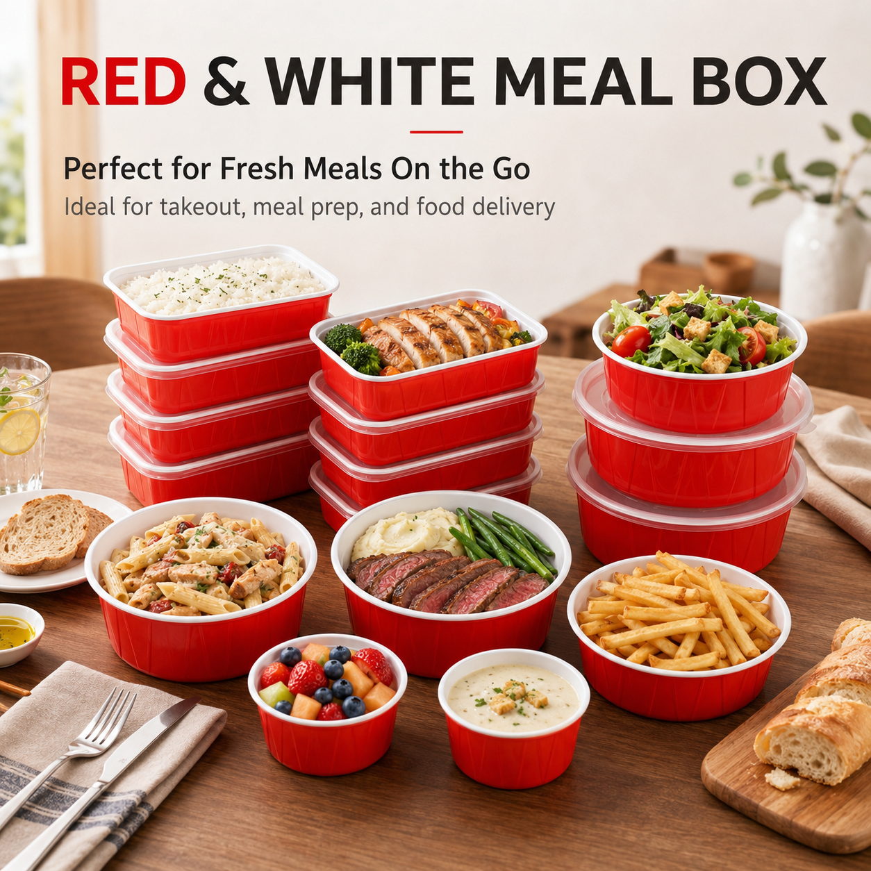 Red and White Thickened Disposable Plastic Lunch Box with Lid | Microwave Safe Takeout Food Container