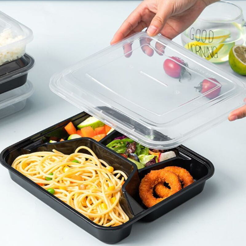 4-vakken zwarte plastic afhaalcontainer - 150 ST/CTN, lekvrije, magnetronbestendige bento-doos