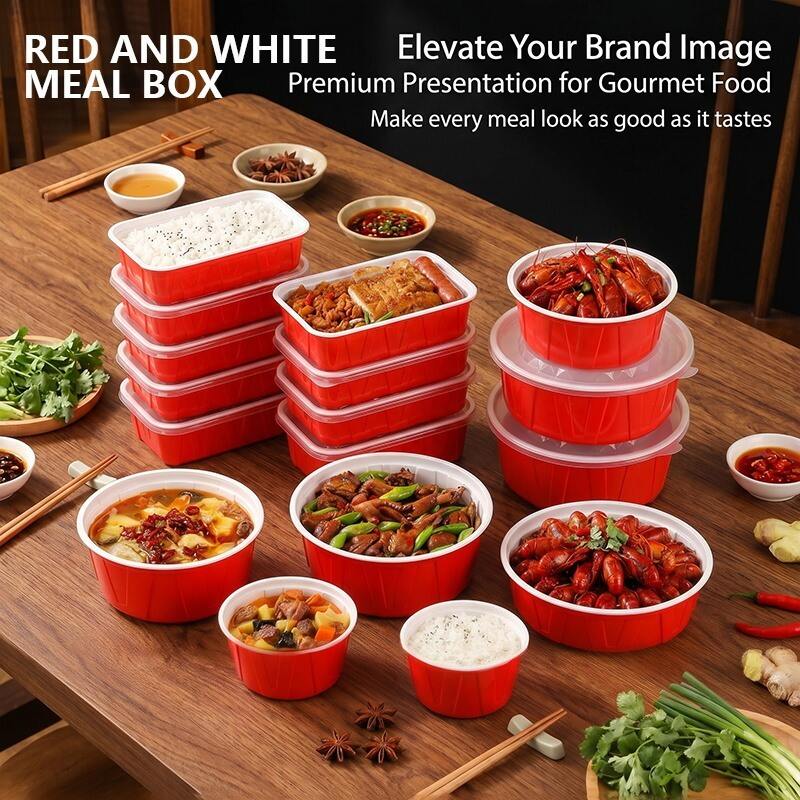 Caja de almuerzo desechable de plástico gruesa en rojo y blanco con tapa | Recipiente para llevar apto para microondas