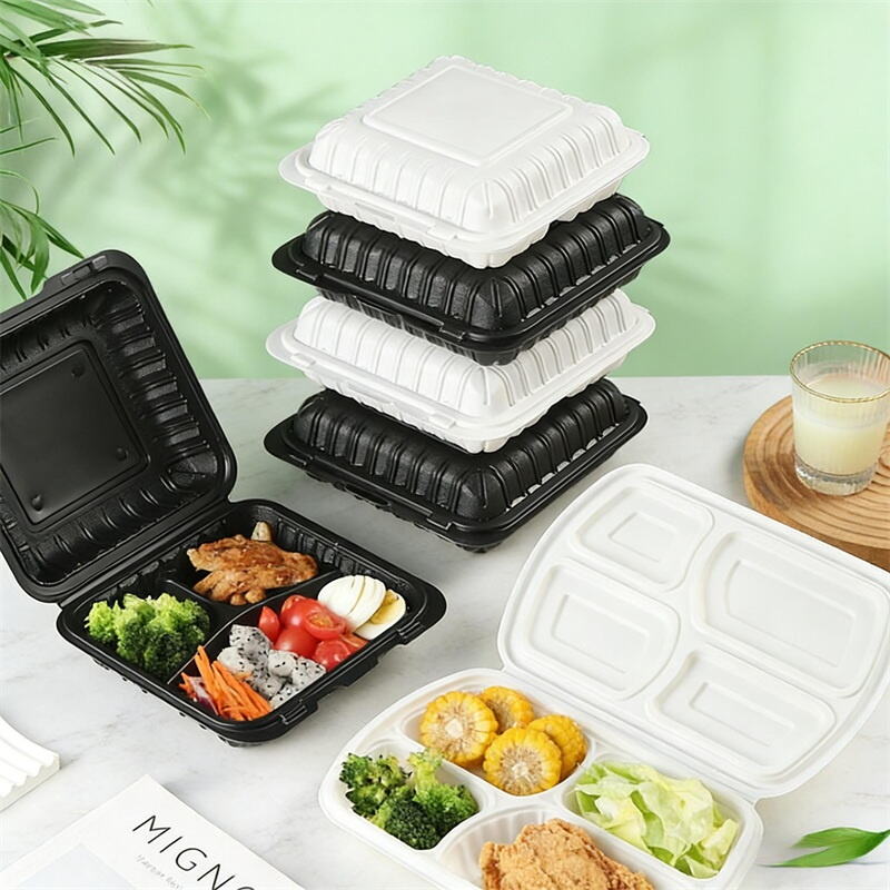 White & Black Disposable Clamshell MFPP Hinged Food Container Custom Takeout Box for Restaurant Catering