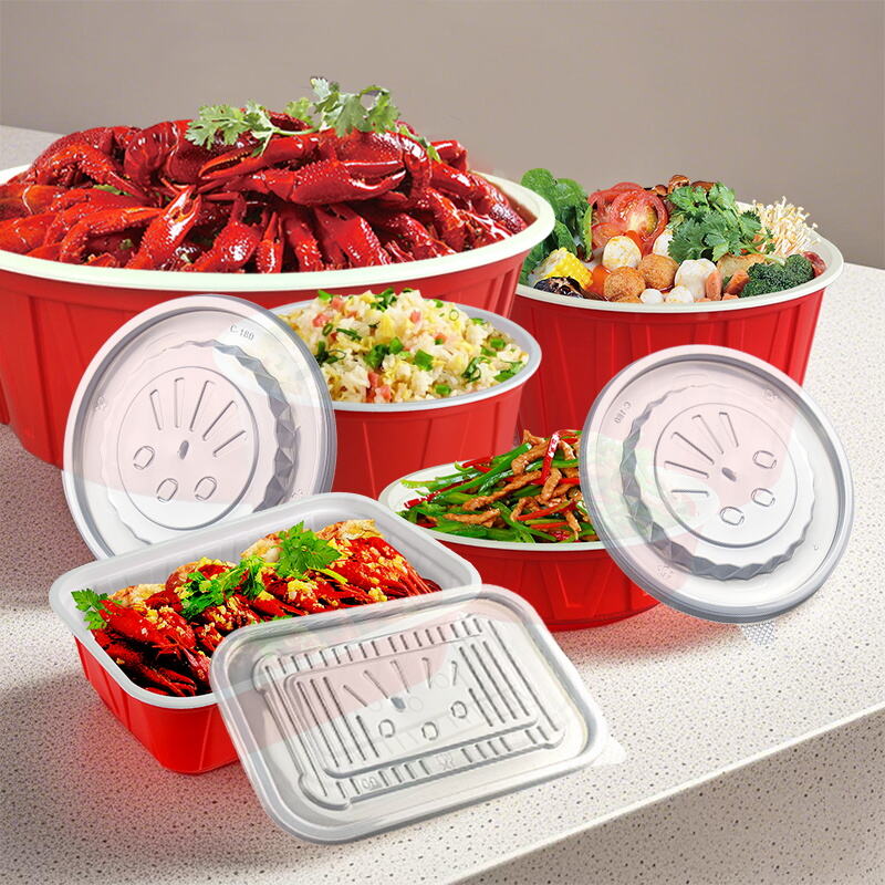 Red and White Thickened Disposable Plastic Lunch Box with Lid | Microwave Safe Takeout Food Container
