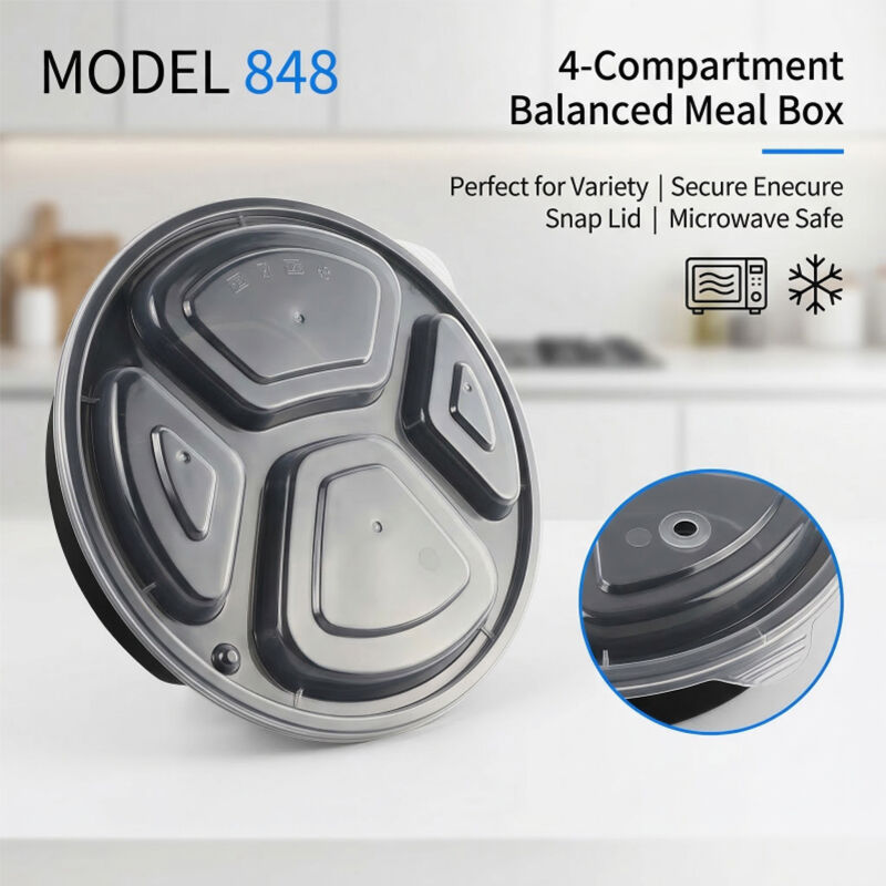 Disposable Plastic Food Grade Take Away Container 3 4 Compartment Round Bento Box With Lid For Lunch Dinner