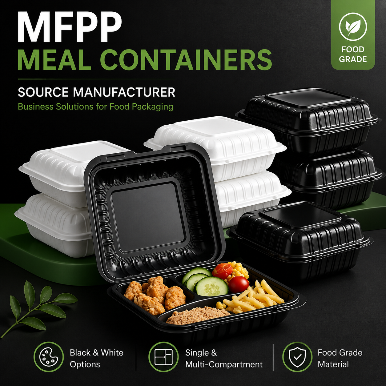 White & Black Disposable Clamshell MFPP Hinged Food Container Custom Takeout Box for Restaurant Catering