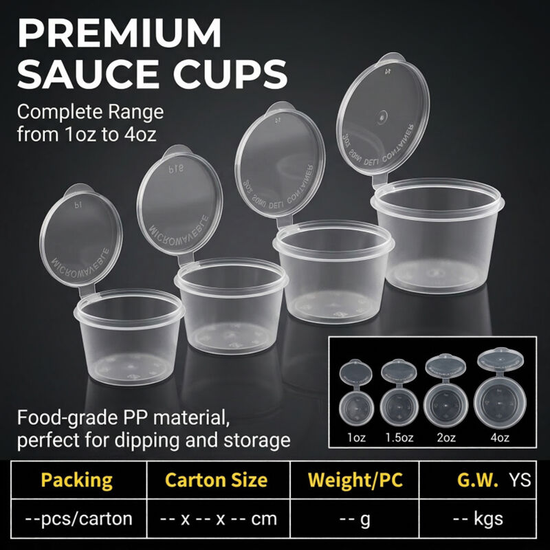 Disposable Plastic Sauce Cups With Hinge Lid Assorted Sizes 1oz to 5oz Condiment Portion Cups For Takeaway