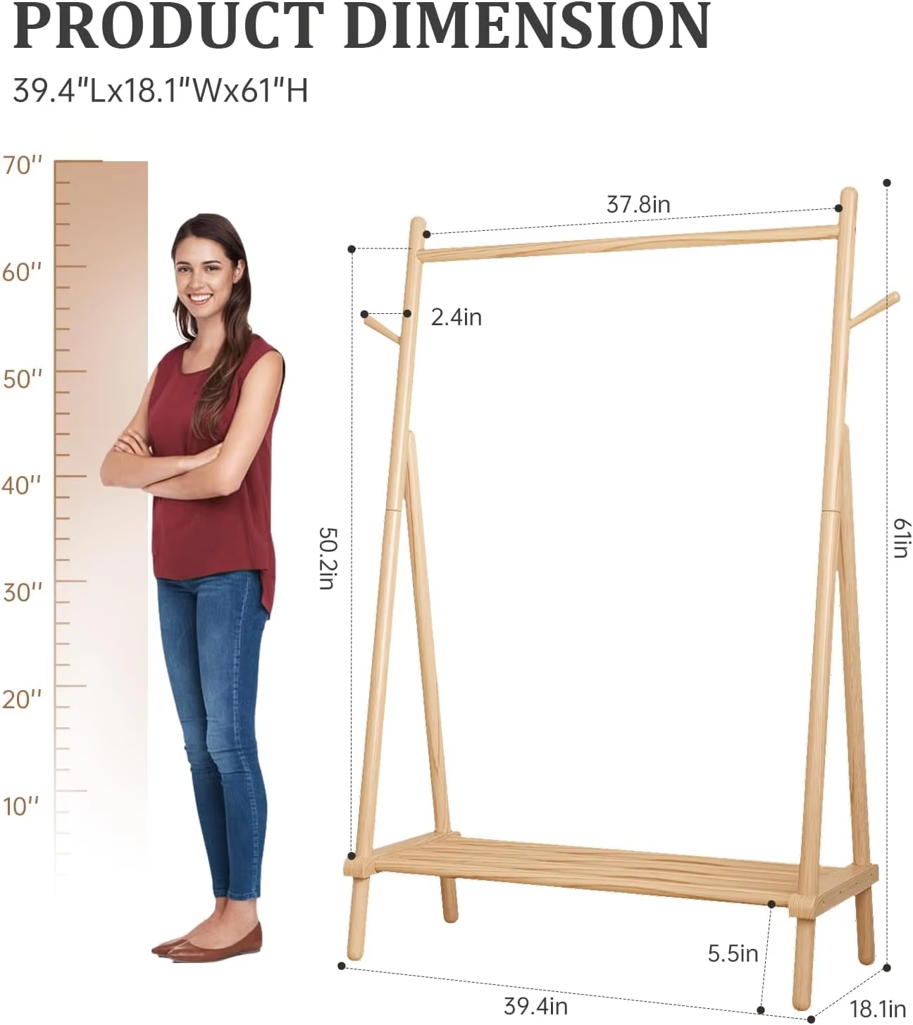 Solid Wood Clothes Rack, Clothing Rack with Shelf and Hook, Sturdy and Portable, Garment Rack for Hanging Clothes, Coats manufacture