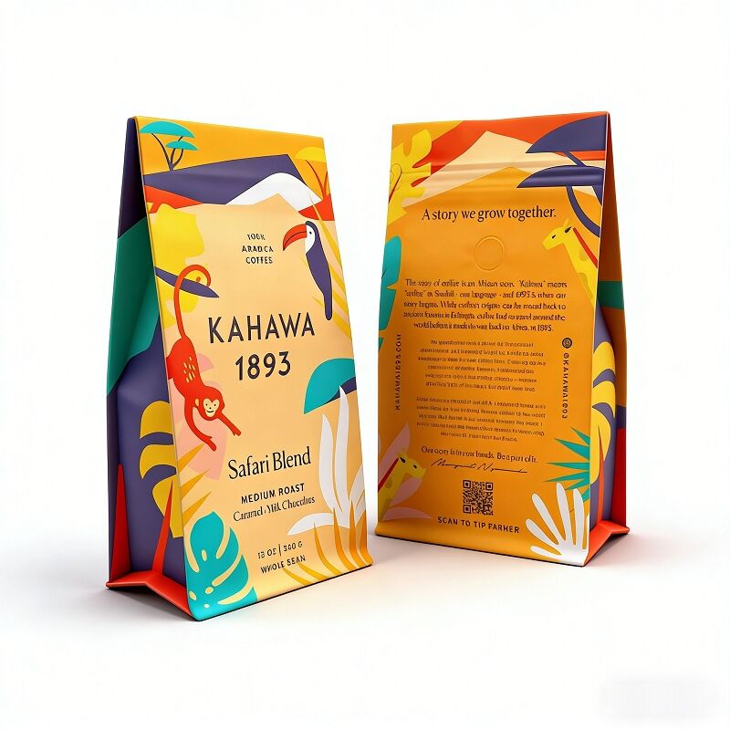 Bagiau coffi a gwaelod sgwar mat a phrintio arbenigol, a valf a chlosiad tarw ar gyfer ceirch coffi