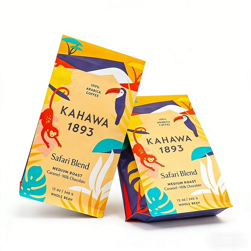 Bagiau coffi a gwaelod sgwar mat a phrintio arbenigol, a valf a chlosiad tarw ar gyfer ceirch coffi