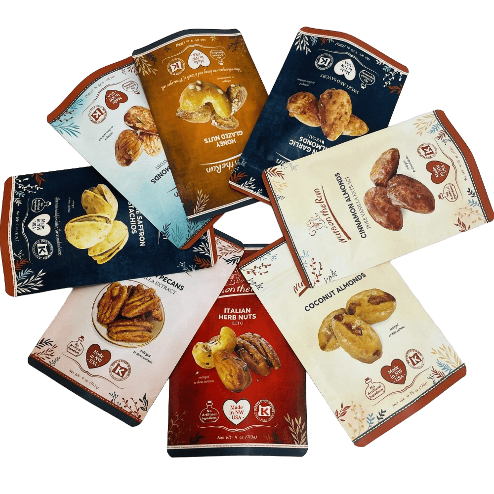 Bolsas plásticas de embalaxe para aperitivos de pecanas, bolsa autoestable con cremalleira reutilizable