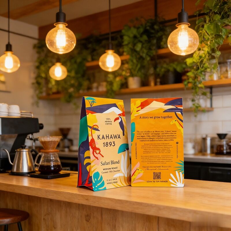 Bagiau coffi a gwaelod sgwar mat a phrintio arbenigol, a valf a chlosiad tarw ar gyfer ceirch coffi