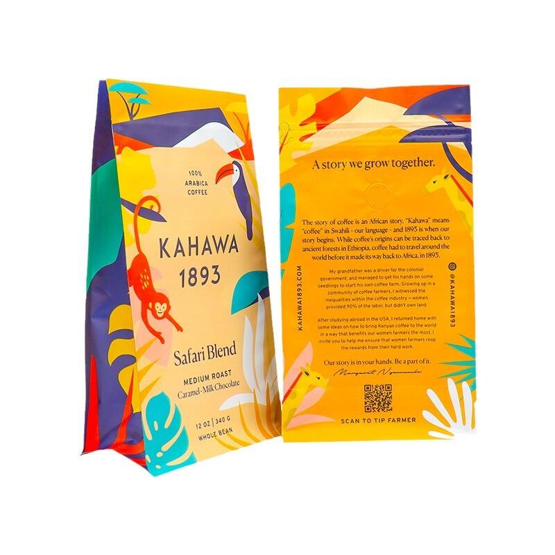 Bagiau coffi a gwaelod sgwar mat a phrintio arbenigol, a valf a chlosiad tarw ar gyfer ceirch coffi