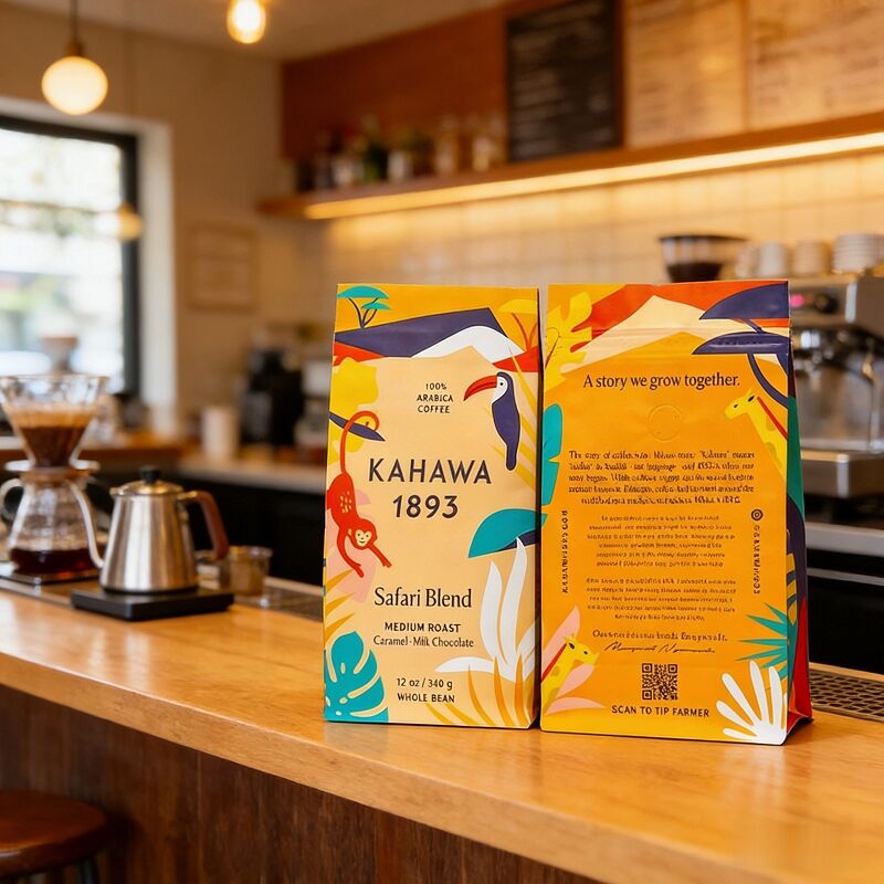 Bagiau coffi a gwaelod sgwar mat a phrintio arbenigol, a valf a chlosiad tarw ar gyfer ceirch coffi