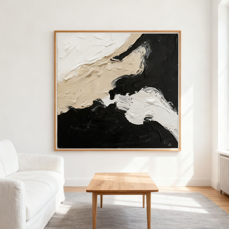 Ealaín Bhalla Abhstrachtáilte Lámhdhéanta Neodrach Téacsraithe Dubh agus Beige Le Painéal Tiosáiste Tiarchnaithe do hOstáin & Dearadóirí Idirshuímh