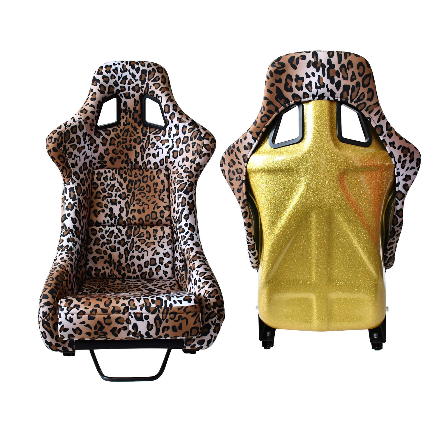 SIÈGE TIYPEOR STYLE SEAU VELOURS MOTIF LÉOPARD IMPRIMÉ OR FLASH AVEC LETTRAGE EN FIBRE DE VERRE SIÈGE MODIFIÉ RACING