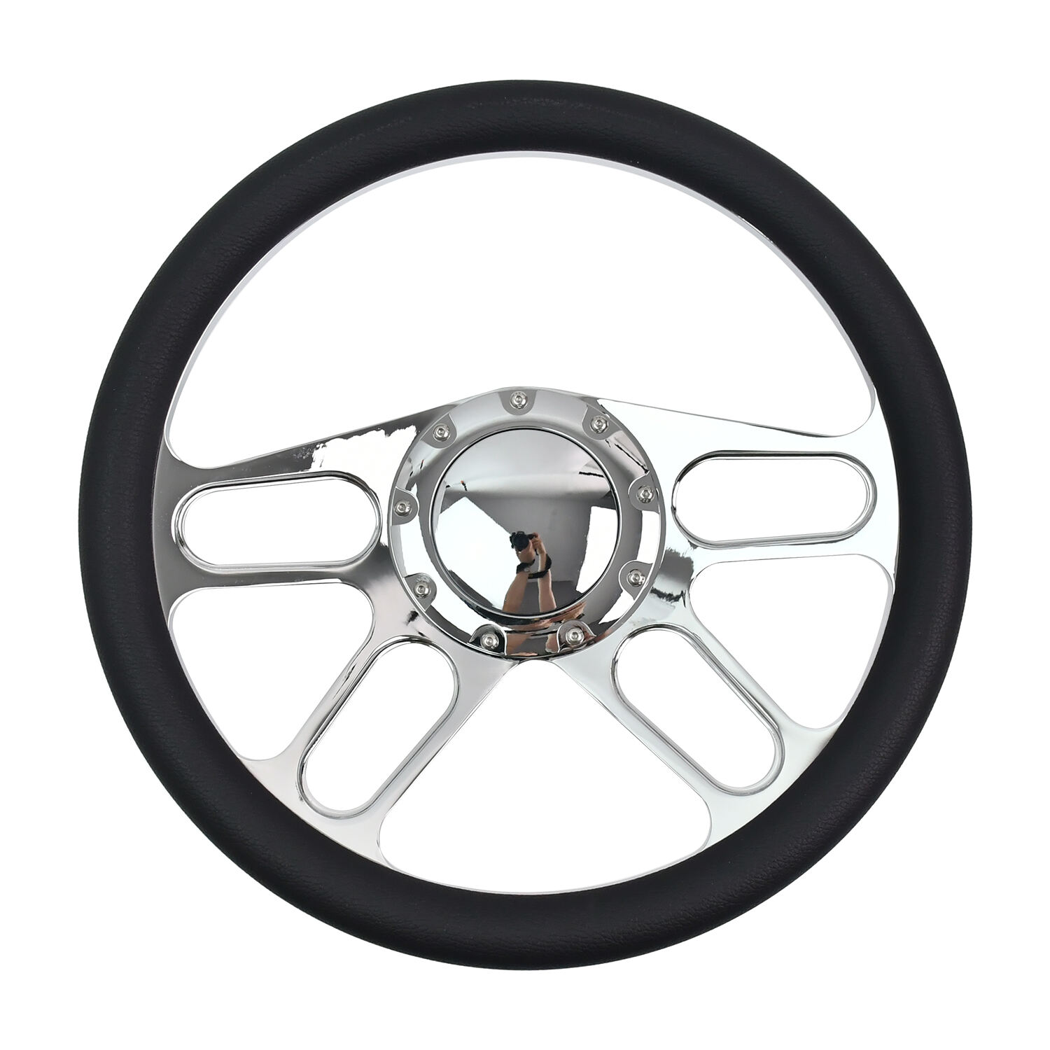 TIYPEOR Universal Black Microfiber Leather Chrome 4 Spoke Steering Wheel 340mm/13.39inch