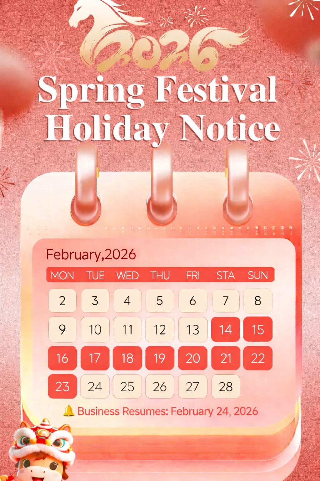 2026 Chinese New Year Holiday Schedule & Production Notice