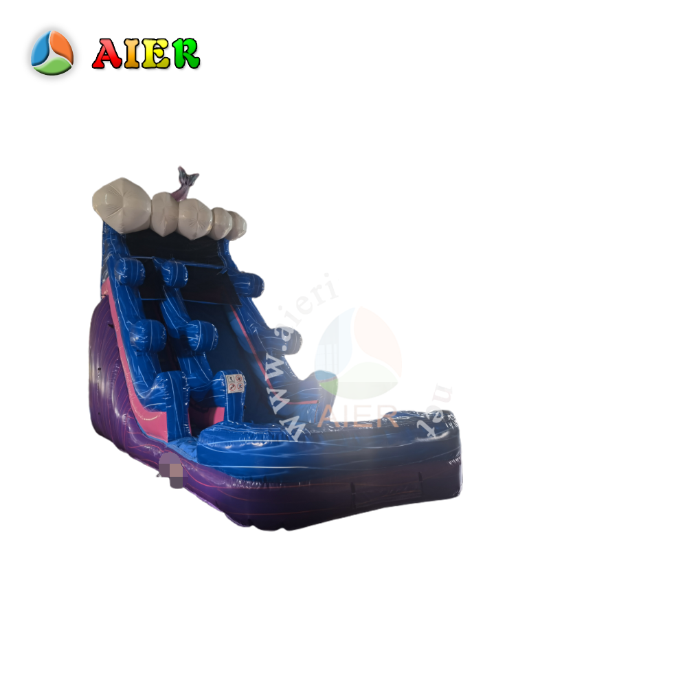 L509 Diapositiva inflable de agua con forma de boca gigante de tiburón y piscina de salpicaduras — grado comercial