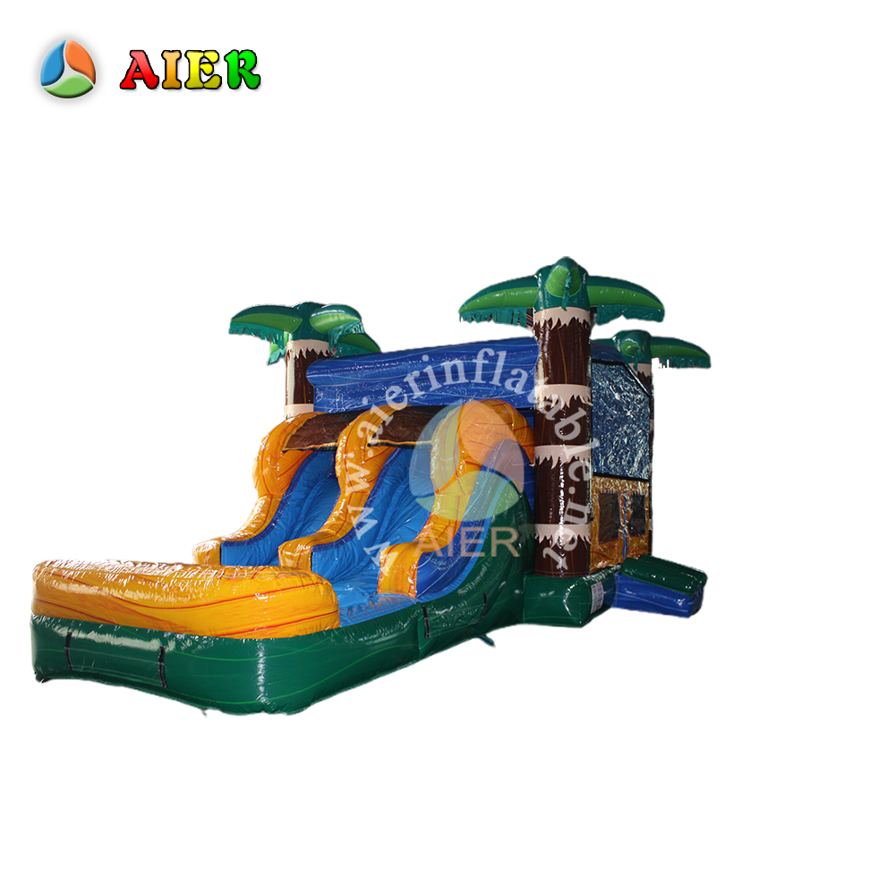 Iridescent Green Palm Tree Dry-Wet Inflatable Combo - Commercial Grade for Resort & Event Rentals