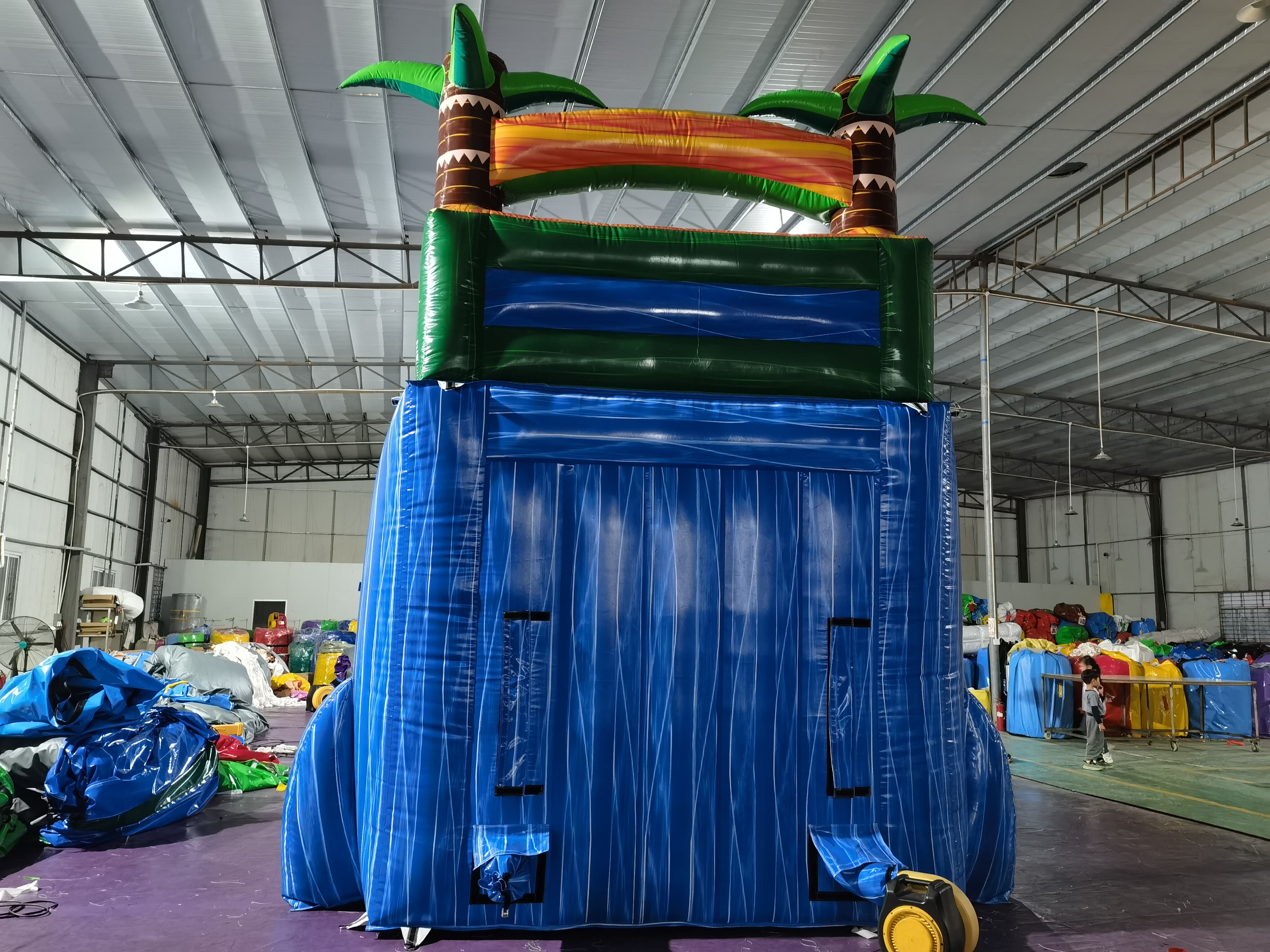 In-Stock Iridescent Blue Inflatable Water Slide - Tropical Palm Decor Outdoor Toy for Kids’ Pool Party Backyard