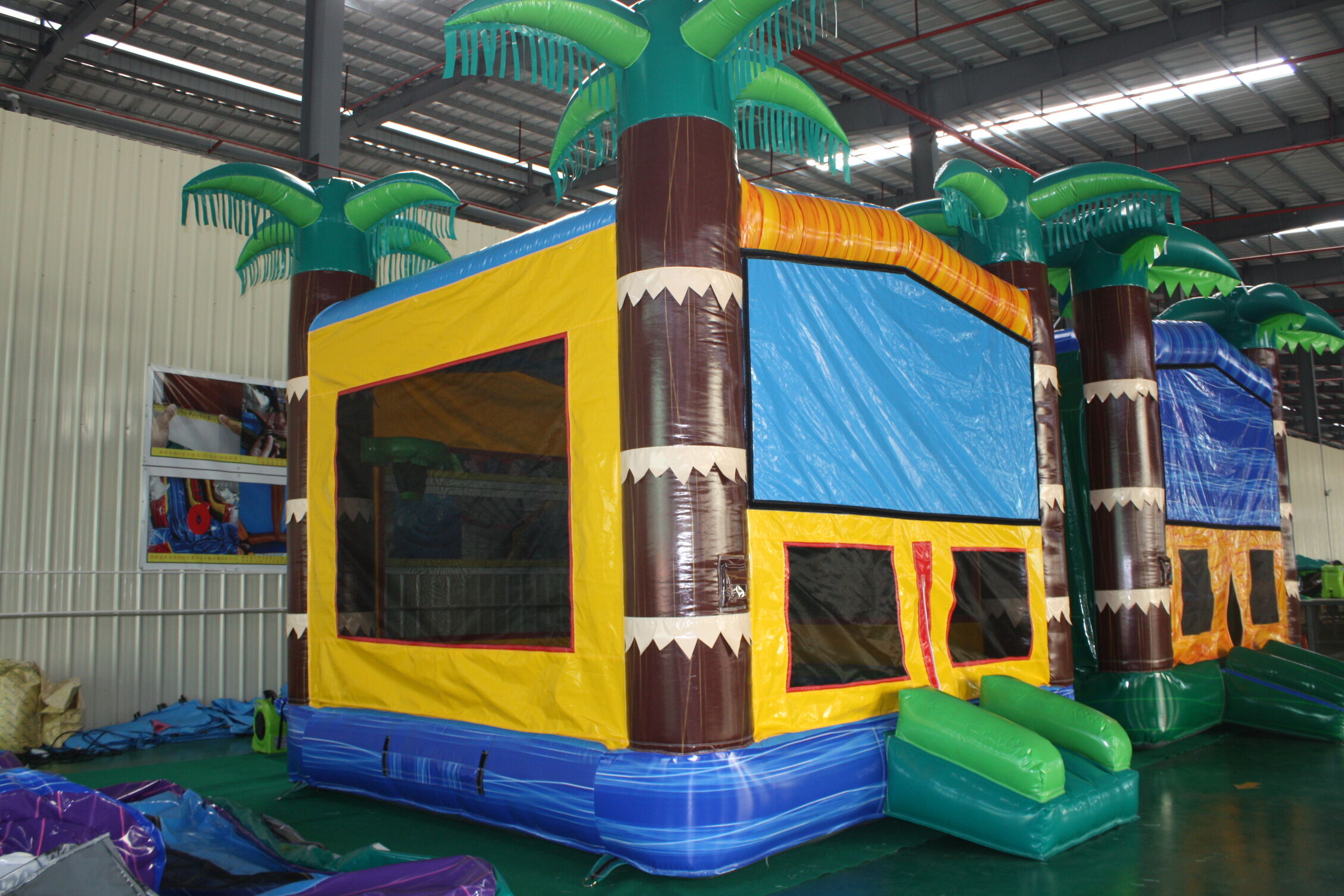 In-Stock Blue Palm Tree Inflatable Bounce Bed - Heavy Duty for Poolside Parties & Beach Resort Rentals