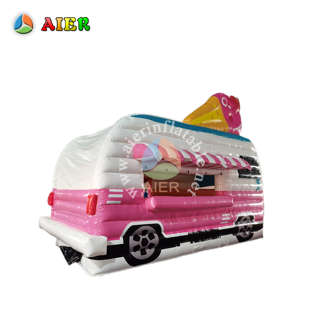 Carro inflable comercial de helado rosa con temática de hielo