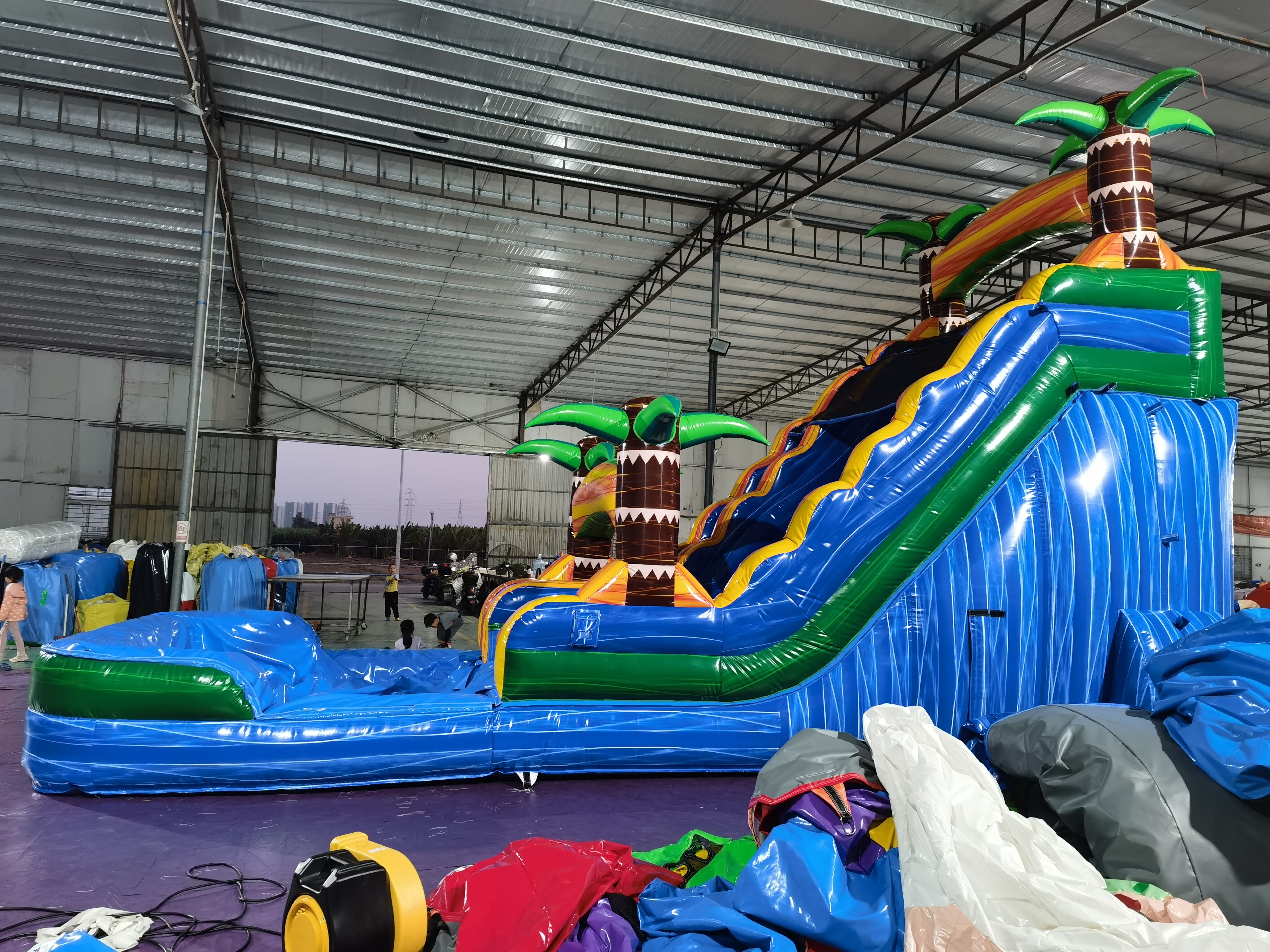 In-Stock Iridescent Blue Inflatable Water Slide - Tropical Palm Decor Outdoor Toy for Kids’ Pool Party Backyard