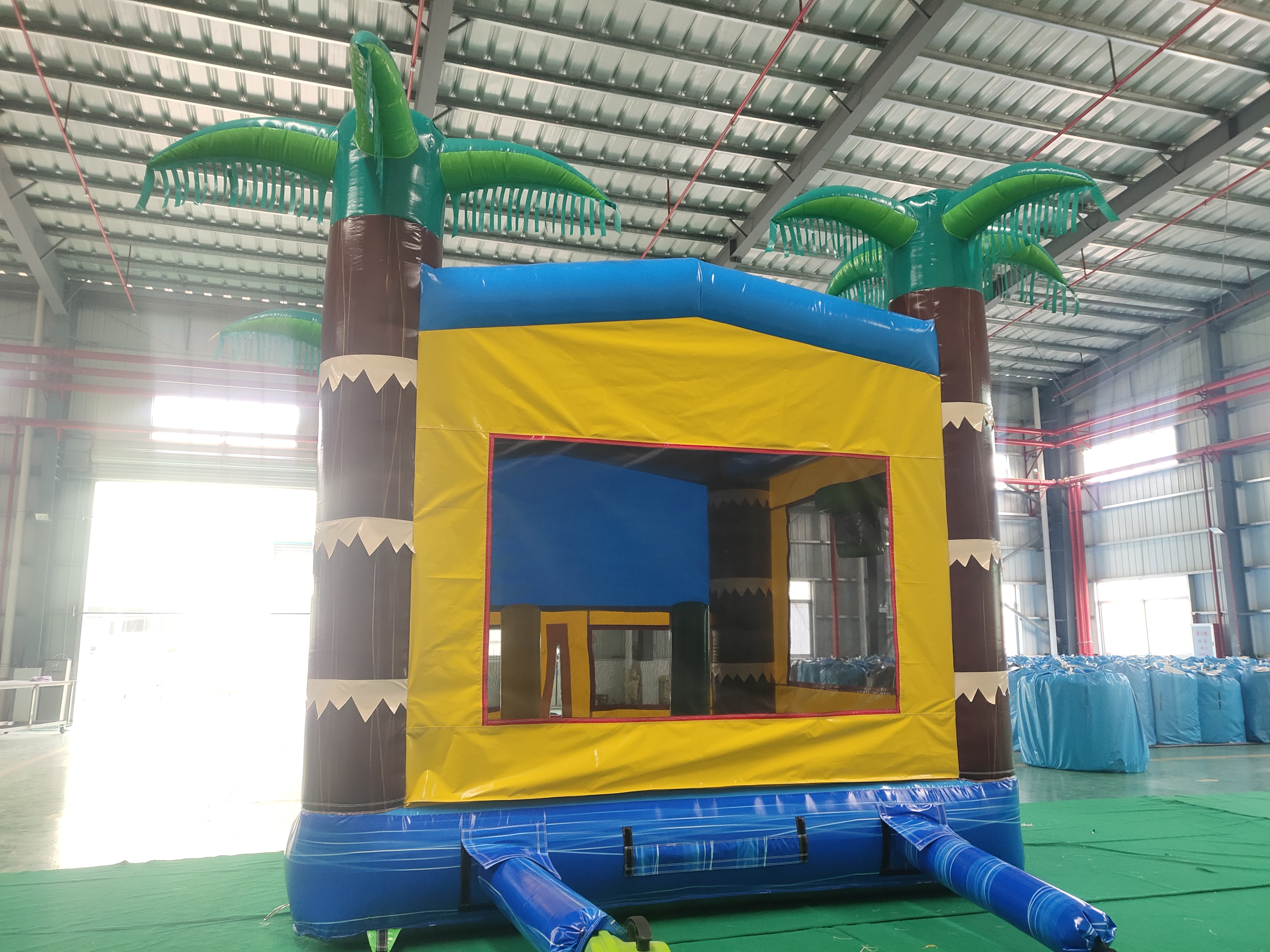 In-Stock Blue Palm Tree Inflatable Bounce Bed - Heavy Duty for Poolside Parties & Beach Resort Rentals