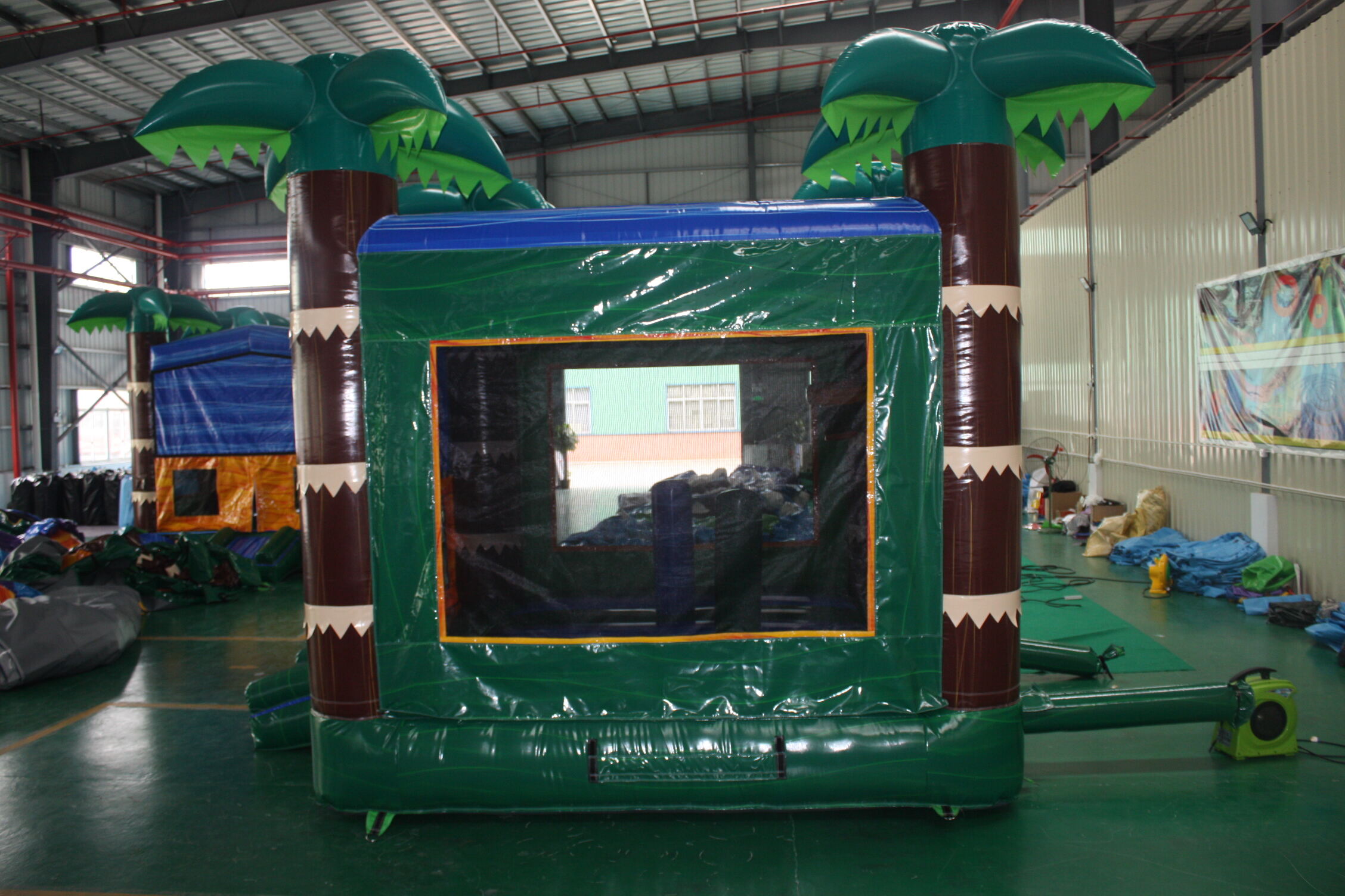 In-Stock Iridescent Green Palm Print Inflatable Bounce Bed - Heavy Duty for Hotel Poolside & Beach Club Events