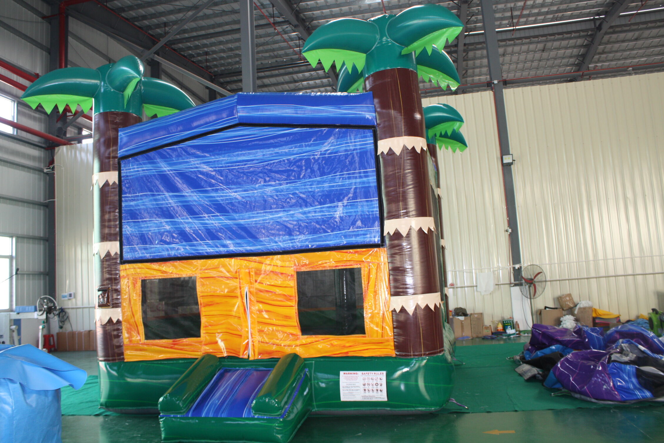 In-Stock Blue Palm Tree Inflatable Bounce Bed - Heavy Duty for Poolside Parties & Beach Resort Rentals