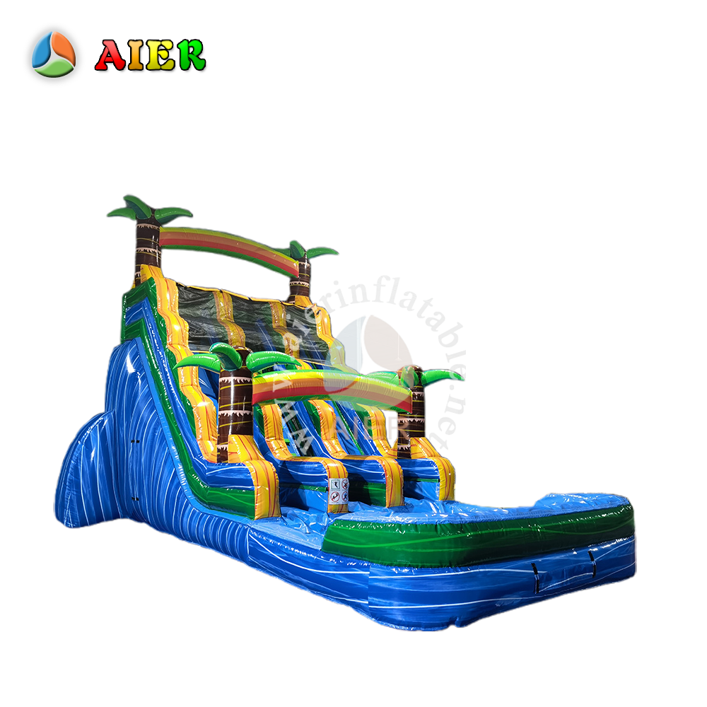 L510 Diapositiva inflable de agua tropical con palmeras y múltiples carriles, incluida piscina de salpicaduras — grado comercial
