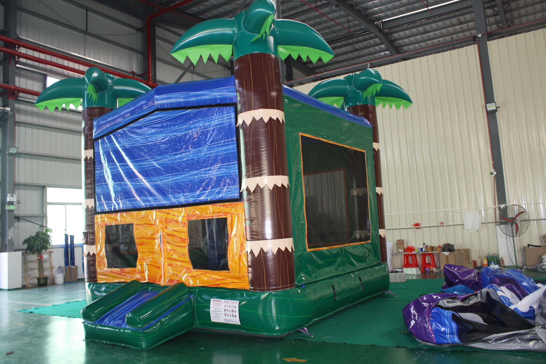 In-Stock Blue Palm Tree Inflatable Bounce Bed - Heavy Duty for Poolside Parties & Beach Resort Rentals