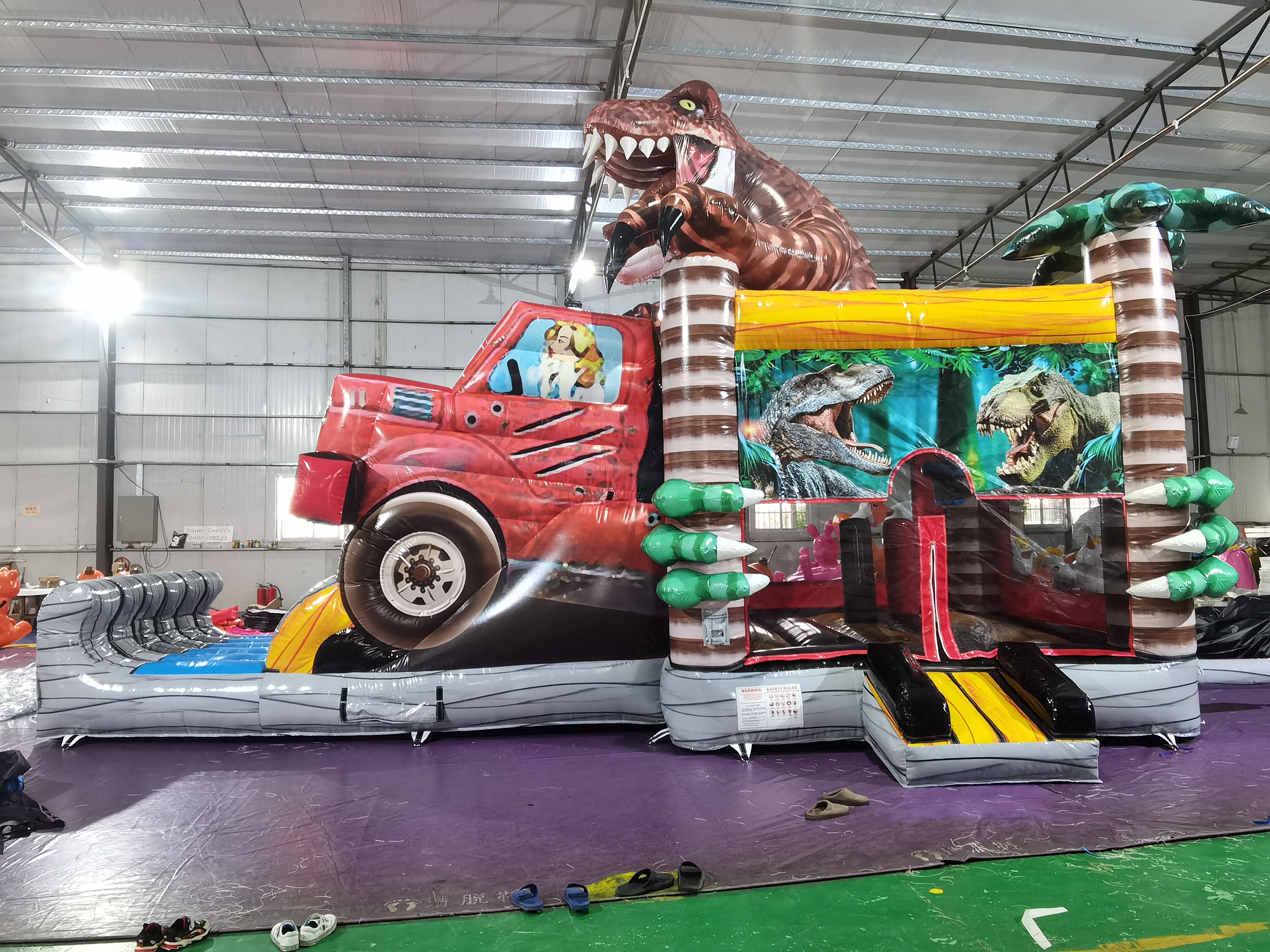 Family-Friendly Jurassic Dino Truck Inflatable Combo for Backyard Adventure Play