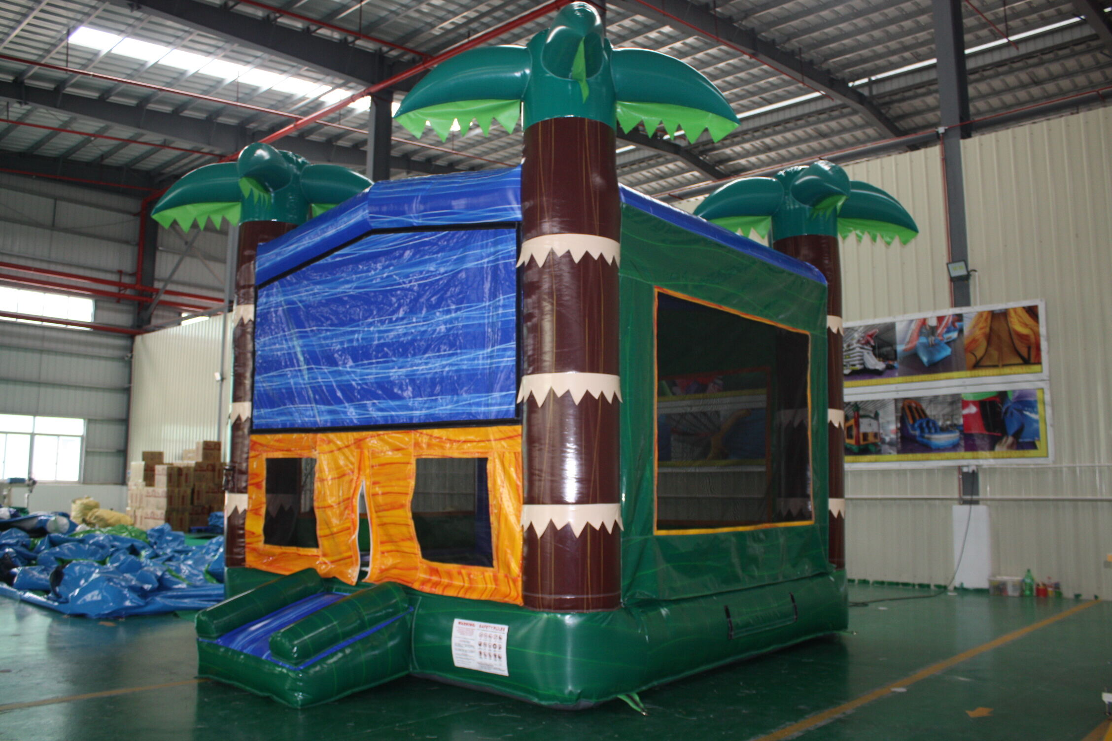 In-Stock Iridescent Green Palm Print Inflatable Bounce Bed - Heavy Duty for Hotel Poolside & Beach Club Events